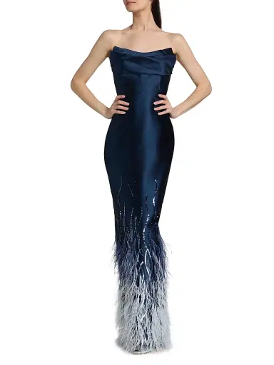 PAMELLA ROLAND Women's Beaded Feather Satin Strapless Gown - Navy Multi - Size 10 | Thumbnail 2 PAMELLA ROLAND Women's Beaded Feather Satin Strapless Gown - Navy Multi - Size 10 | Thumbnail 2