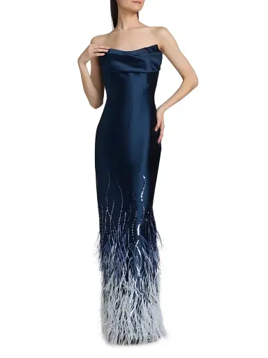 PAMELLA ROLAND Women's Beaded Feather Satin Strapless Gown - Navy Multi - Size 10 | Thumbnail 3 PAMELLA ROLAND Women's Beaded Feather Satin Strapless Gown - Navy Multi - Size 10 | Thumbnail 3