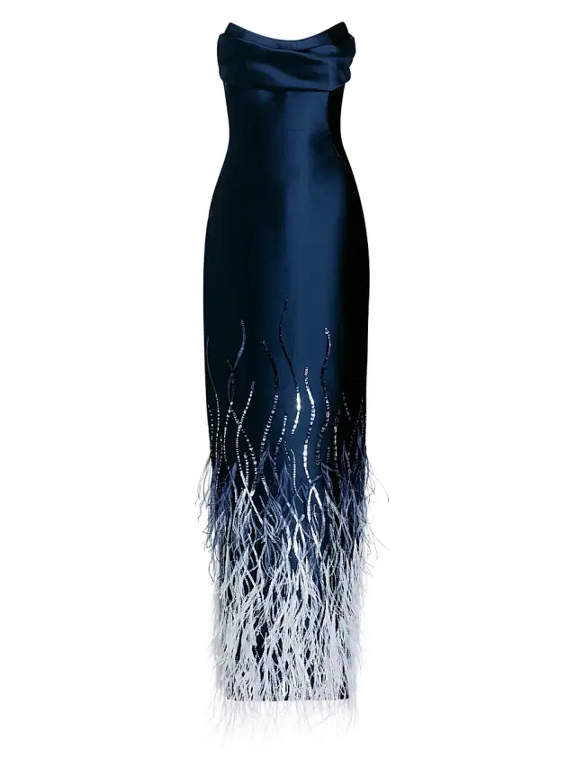 Women's Beaded Feather Satin Strapless Gown - Navy Multi