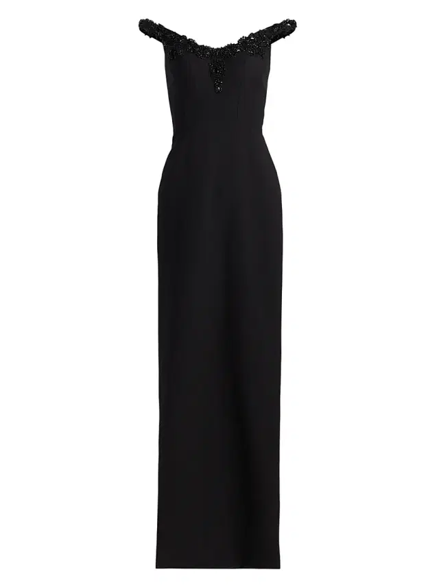 Women's Embellished Crepe Off-the-Shoulder Column Gown - Black