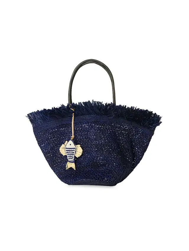 BTB Los Angeles Women's Trina Fringe-Trim Straw Tote Bag - Navy