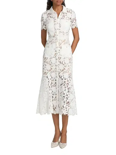 Self-Portrait Women's Tie-Waist Lace A-Line Midi-Shirtdress - White | Thumbnail 3