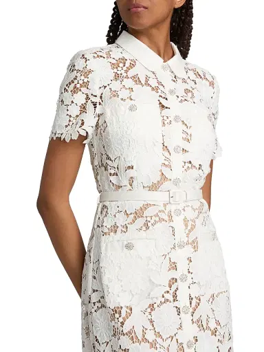 Self-Portrait Women's Tie-Waist Lace A-Line Midi-Shirtdress - White | Thumbnail 6