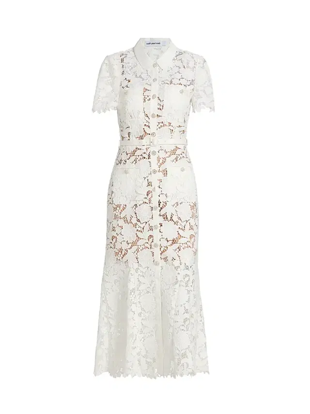 Self-Portrait Women's Tie-Waist Lace A-Line Midi-Shirtdress - White