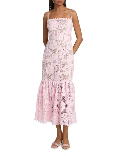 Self-Portrait Women's Tie-Waist Lace Midi-Dress - Pink - Size 0 | Thumbnail 3
