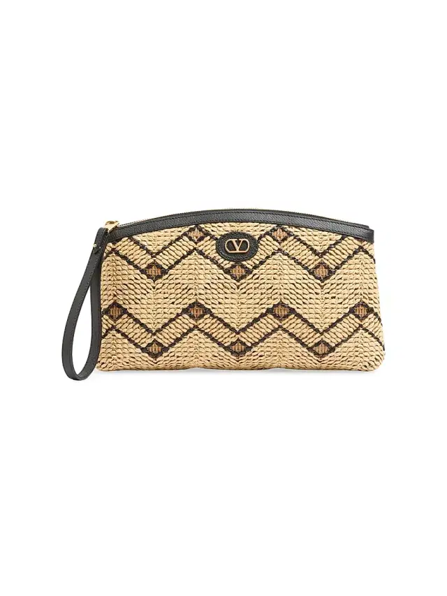 Valentino Garavani Women's Raffia Clutch Bag with Geometric Pattern - Natural Black