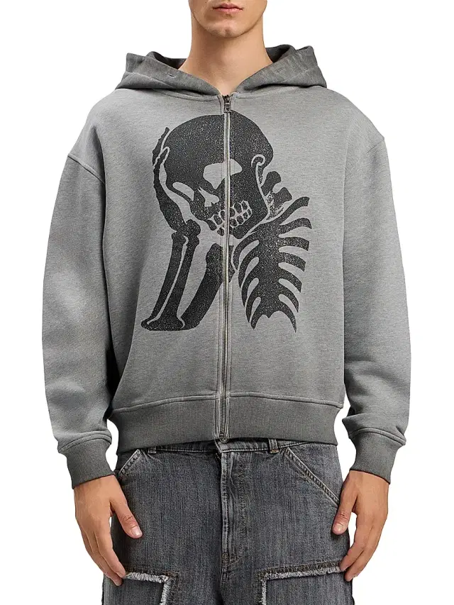 Men's Skull-Print Logo Zip-Front Hoodie - Melange Grey Black