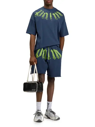 Palm Angels Men's Big Waist Logo Sweat Shorts - Navy Blue Lime | Thumbnail 2
