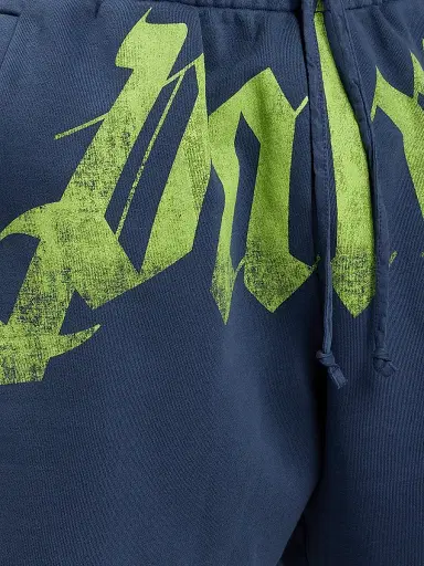 Palm Angels Men's Big Waist Logo Sweat Shorts - Navy Blue Lime | Thumbnail 6