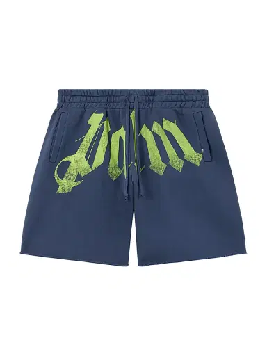 Palm Angels Men's Big Waist Logo Sweat Shorts - Navy Blue Lime | Thumbnail 1