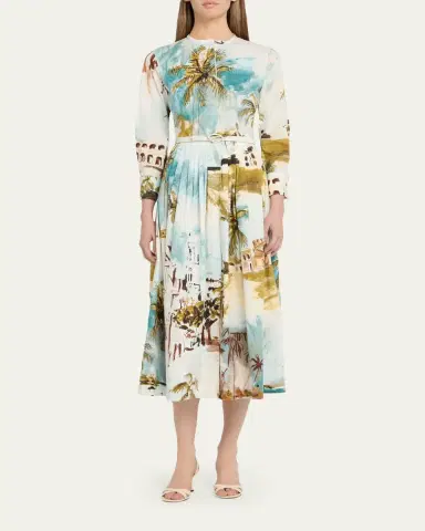 Oscar de la Renta Long-Sleeve Landscape-Print Cotton Poplin Midi Shirtdress With Belt | Thumbnail 2