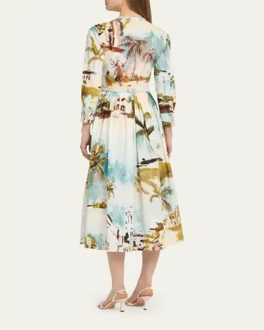Oscar de la Renta Long-Sleeve Landscape-Print Cotton Poplin Midi Shirtdress With Belt | Thumbnail 3