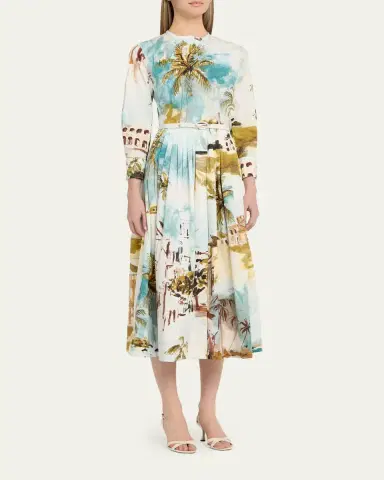 Oscar de la Renta Long-Sleeve Landscape-Print Cotton Poplin Midi Shirtdress With Belt | Thumbnail 4