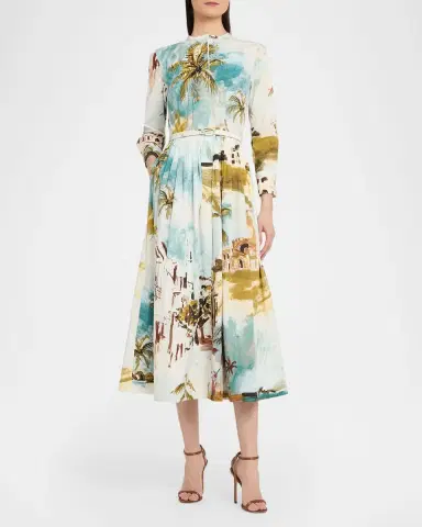 Oscar de la Renta Long-Sleeve Landscape-Print Cotton Poplin Midi Shirtdress With Belt | Thumbnail 5