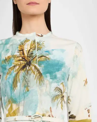 Oscar de la Renta Long-Sleeve Landscape-Print Cotton Poplin Midi Shirtdress With Belt | Thumbnail 8