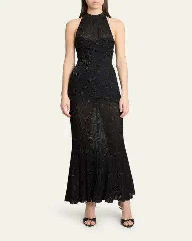 Balmain Glittered Crisscross Semi-Sheer Halter Dress | Thumbnail 2