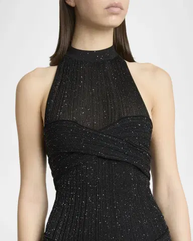Balmain Glittered Crisscross Semi-Sheer Halter Dress | Thumbnail 9