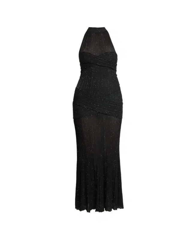 Glittered Crisscross Semi-Sheer Halter Dress