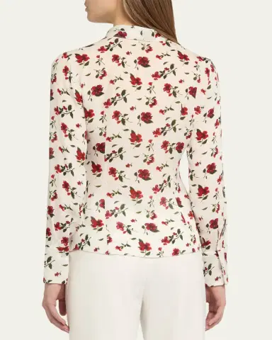 Oscar de la Renta Hibiscus-Print Silk Neck-Scarf Blouse | Thumbnail 4