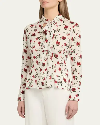 Oscar de la Renta Hibiscus-Print Silk Neck-Scarf Blouse | Thumbnail 5
