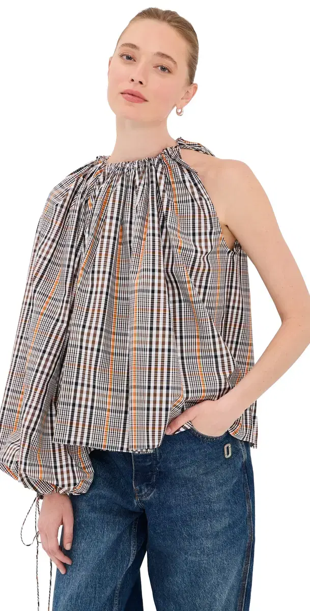 A. W.A. K.E. MODE One-leeve Voluminous Top Brown Check