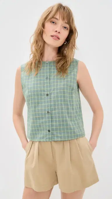 Theory laid Button Down Tank Top Green Multi - V52 | Thumbnail 2