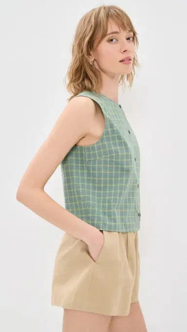 Theory laid Button Down Tank Top Green Multi - V52 | Thumbnail 4