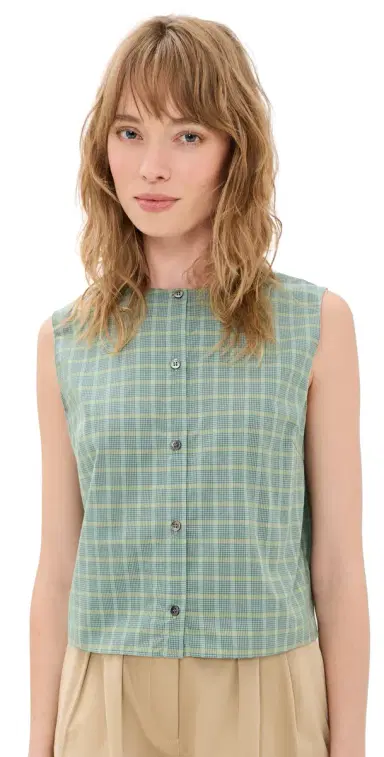 Theory laid Button Down Tank Top Green Multi - V52 | Thumbnail 1