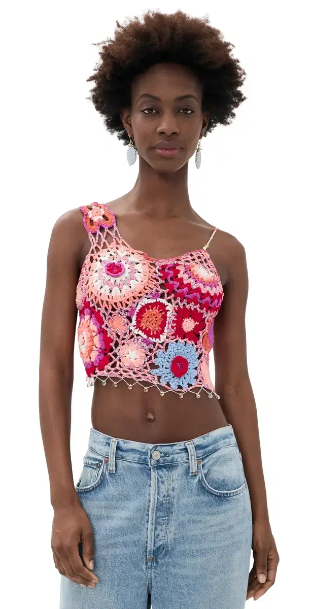 Free People Fiorella Crochet Tank Pink olace Combo