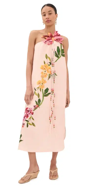 Farm Rio Garden Terrace One Shoulder Linen Maxi Dress Garden Terrace Pink | Thumbnail 1