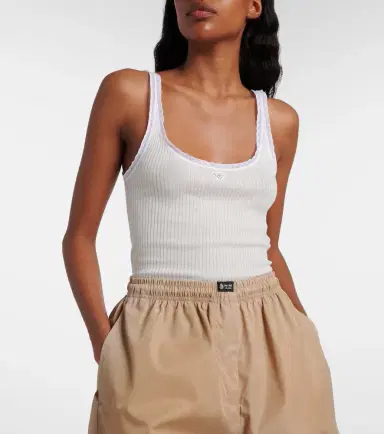 Prada Lace-trimmed ribbed-knit cotton tank top | Thumbnail 2