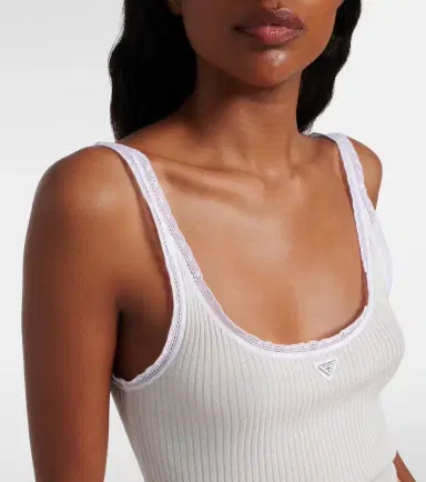 Prada Lace-trimmed ribbed-knit cotton tank top | Thumbnail 3
