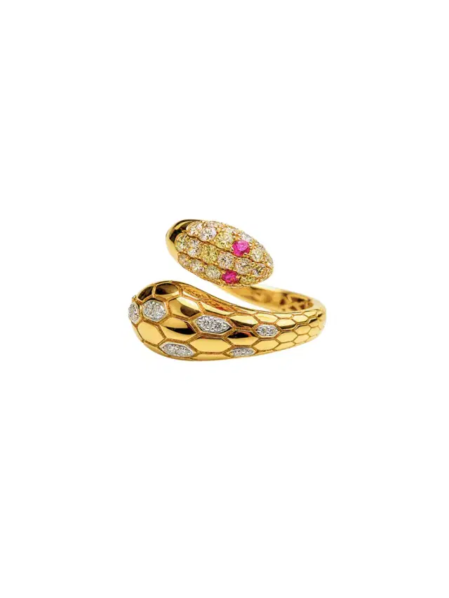 Wish Fine Jewelry 0.67ct Diamond Ruby 18K Gold Snake Bypass Ring