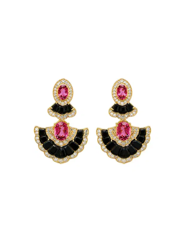 Wish Fine Jewelry 11.15ct Diamond Onyx Tourmaline 18K Gold Statement Earrings