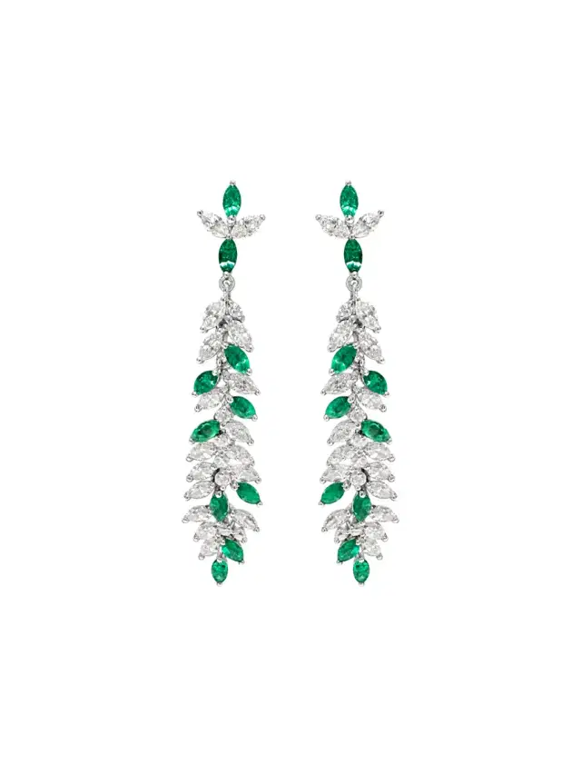 Wish Fine Jewelry 4.17ct Emerald Diamond 18K Gold Leaf Statement Earrings