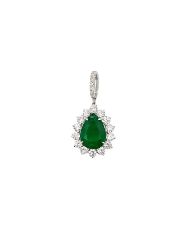 Wish Fine Jewelry 6.54ct Emerald Diamond 18K Gold Pear Halo Pendant