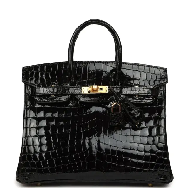 hermes Hermes Birkin 25 Black Shiny Niloticus Crocodile Gold Hardware