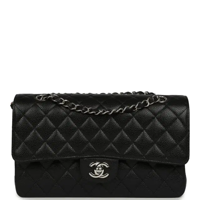Pre-owned Chanel Medium Classic Double Flap Black Caviar Silver Hardware