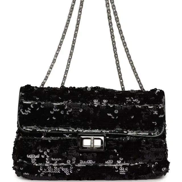 Chanel Pre-owned Chanel Medium Striped Reissue Flap Bag Black, Silver Sequin and Patent Silver Hardware