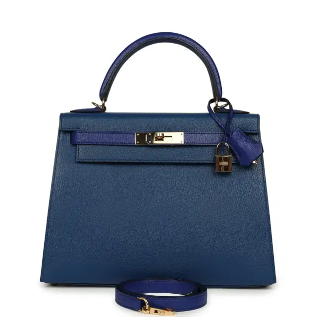 hermes Pre-owned Hermes Special Order (HSS) Kelly Sellier 28 Bleu Electric and Bleu Saphir Chevre Mysore Permabrass Hardware