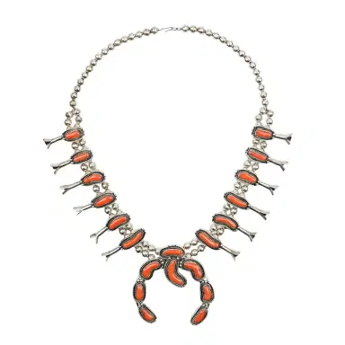 Peyote Bird Peyote Bird Designs Navajo Sterling Silver Coral Squash Blossom Necklace by The Solist | Thumbnail 1 Peyote Bird Peyote Bird Designs Navajo Sterling Silver Coral Squash Blossom Necklace by The Solist | Thumbnail 1