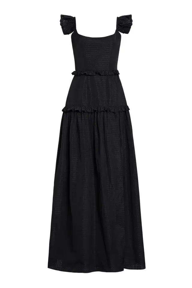 Markarian Alanna Black Gingham Taffeta Ruffle Tiered Gown