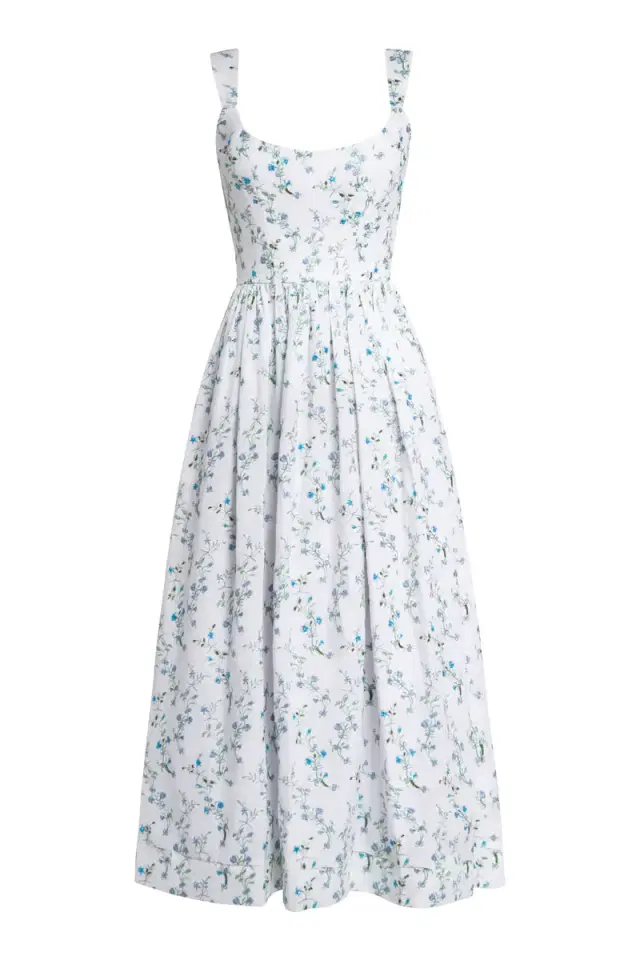 Markarian Apple Blue Vine Beaded Shantung Midi Dress