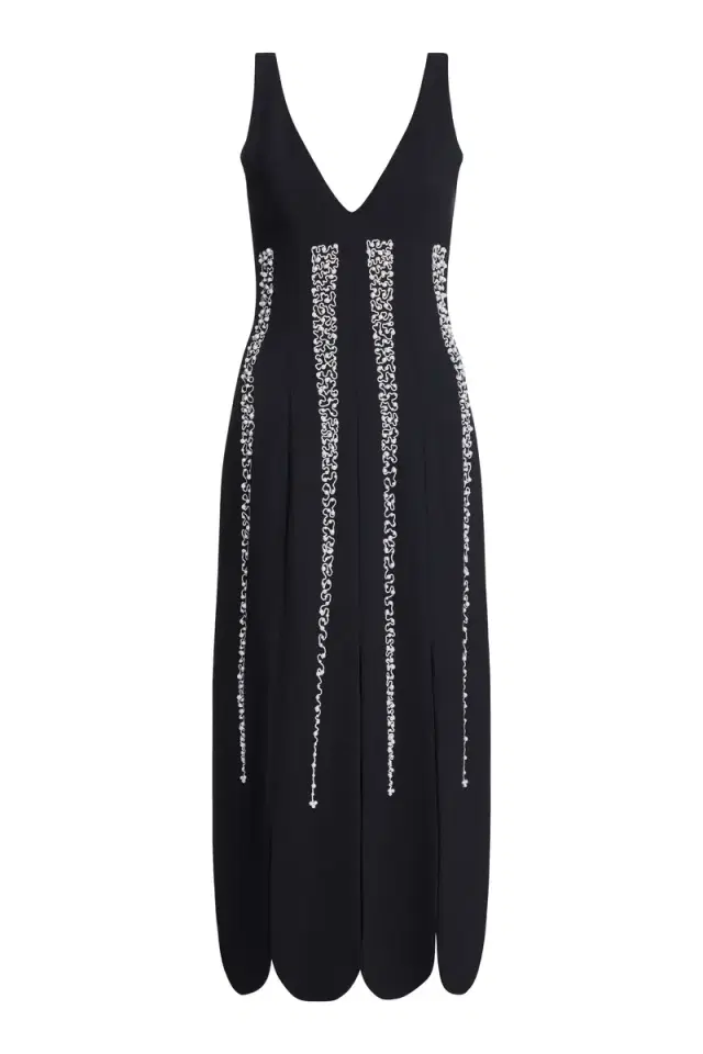 Brandy Pearl Stripe Embroidery Midi Dress