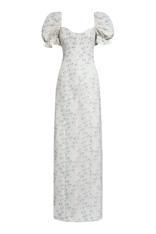 Isidore Blue Bow Floral Ikat Puff Sleeve Column Gown