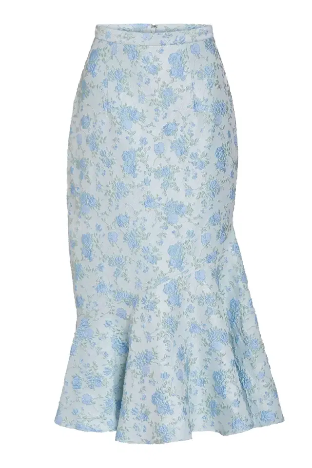 Markarian June Cornflower And Mint Brocade Asymmetric Flounce Midi Skirt