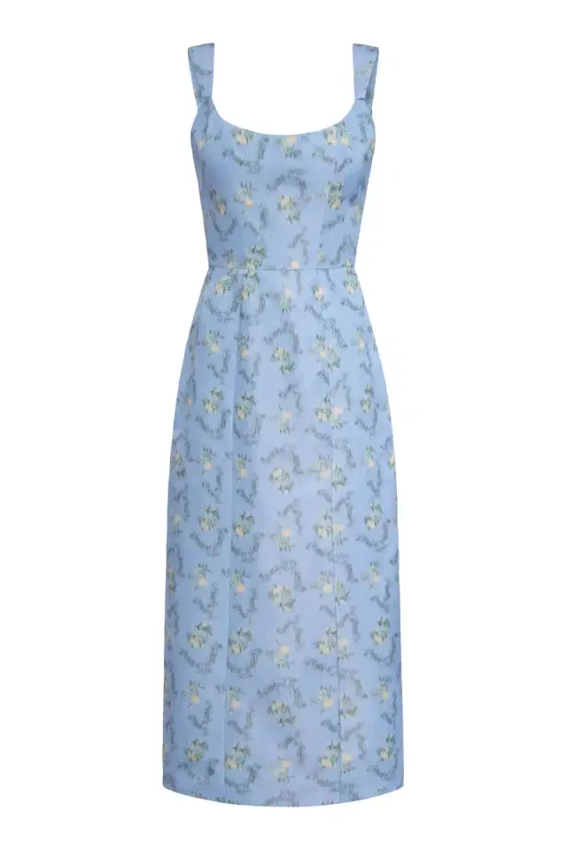 Numa Blue Floral Ikat Corset Midi Dress
