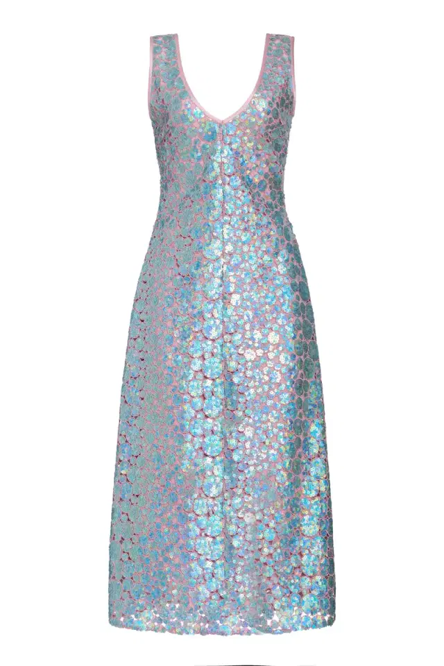 Markarian Odette Blue Iridescent Paillette Midi Dress