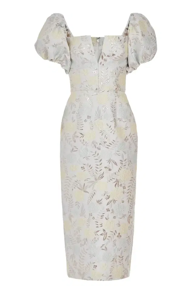 Yvette Ivory Metallic Brocade Puff Sleeve Dress