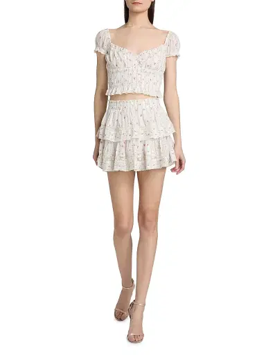 LoveShackFancy Women's Daini Floral Smocked Cotton Crop Top - Poppy Red - Size XL | Thumbnail 2